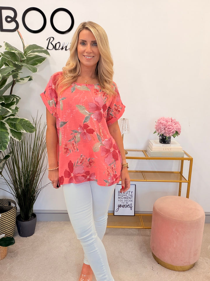 Ladies Flower Print Linen Casual Top - White, Pink, Lilac & Coral