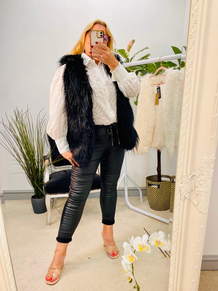 LADIES FLUFFY FURRY GILET - BLACK & WHITE