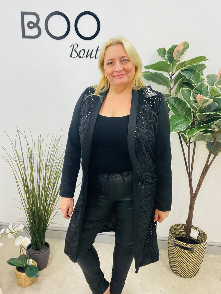 LADIES BLACK SEQUIN LONGLINE BLAZER JACKET