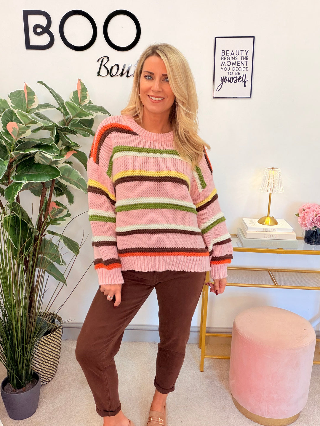 Women’s pink chunky knit stripe jumper 