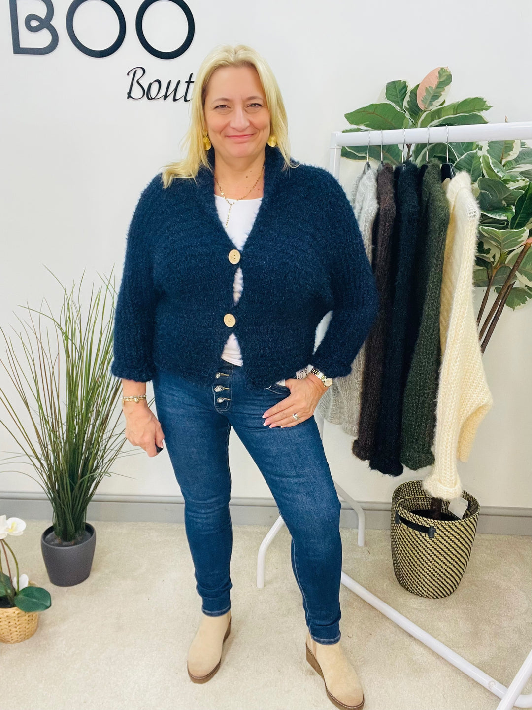 LADIES FLUFFY KNIT CARDIGAN - KHAKI, NAVY, GREY, BLACK, BEIGE, BROWN