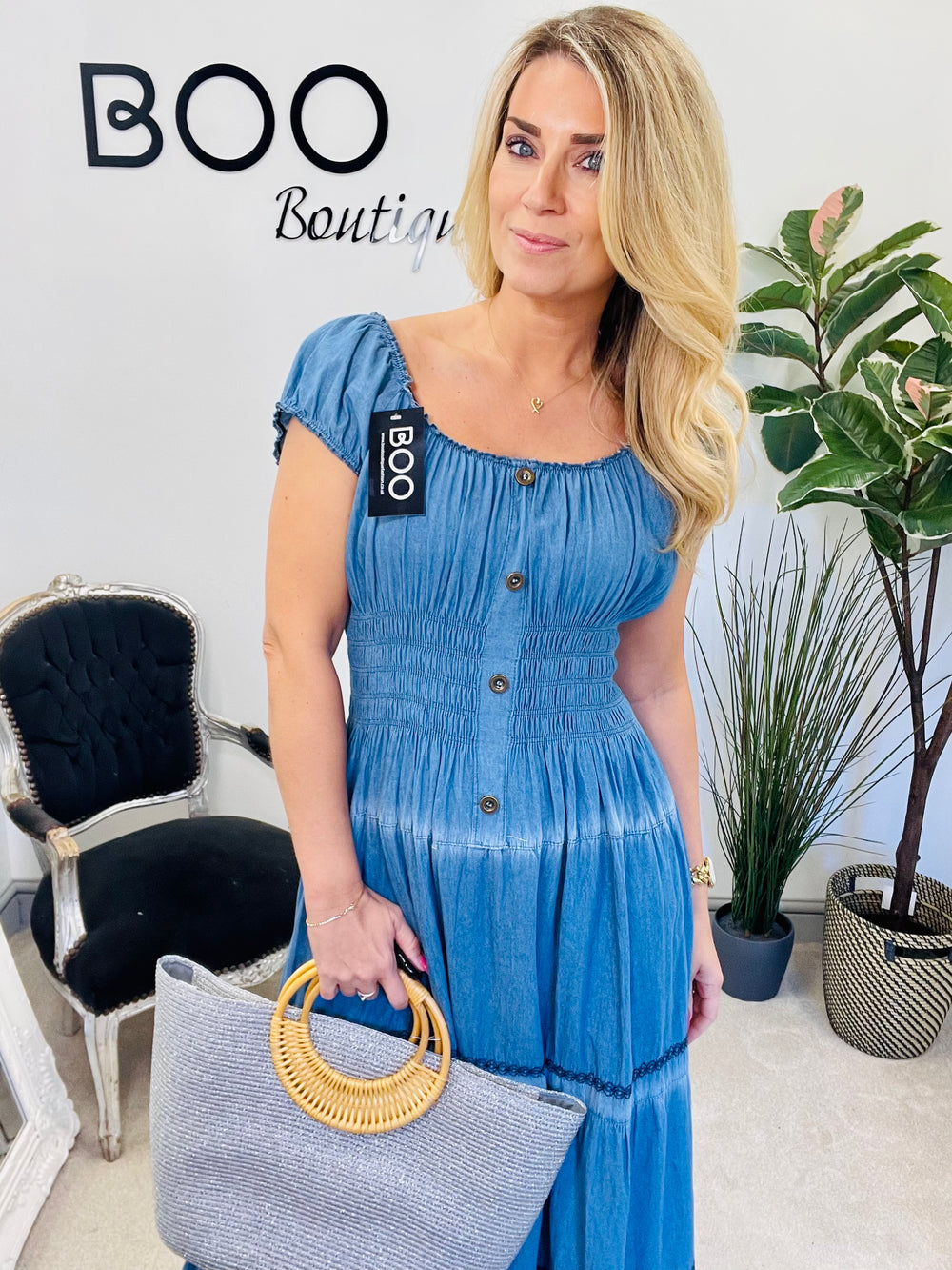 LADIES WOMENS CHAMBRAY DENIM FLATTERING SUMMER MAXI DRESS