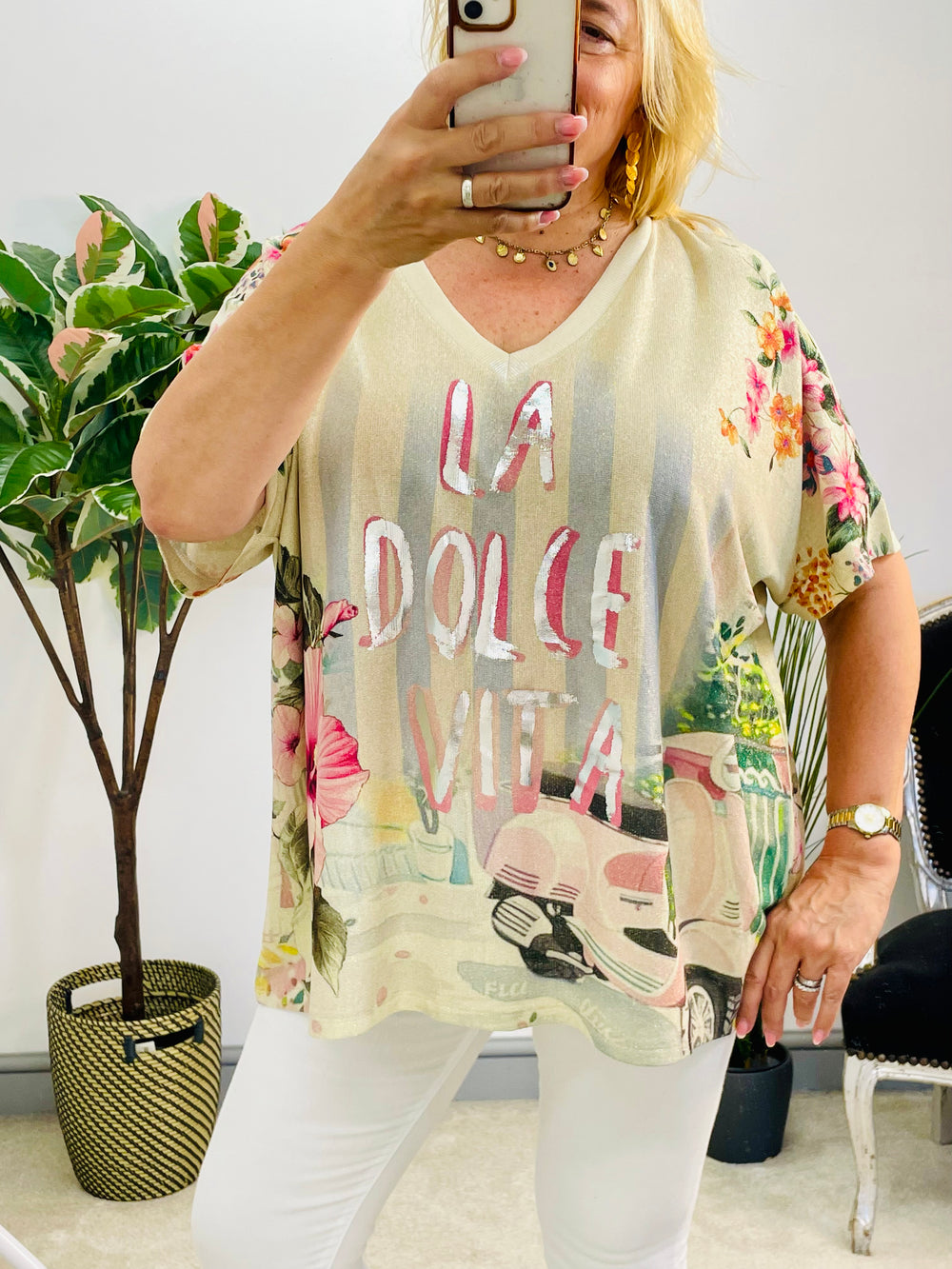 LADIES LUREX OVERSIZE LOOSE FIT PRINT SUMMER TOP