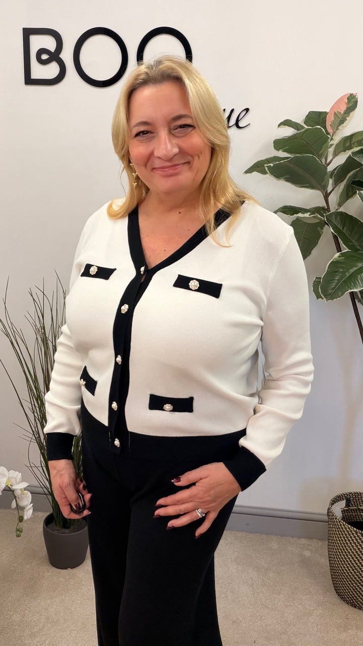 LADIES FASHION BLACK & WHITE MONOCHOME WIDE LEG TROUSER CO ORD SET