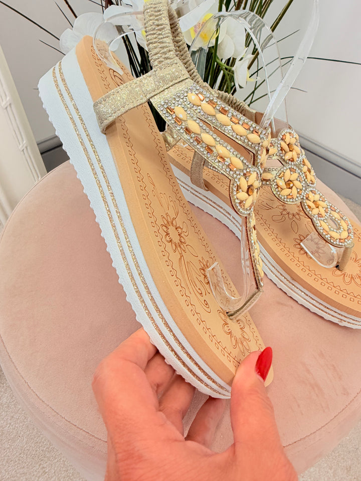 Ladies Fashion Gold Lemon Diamanté Toe Post Sandals 