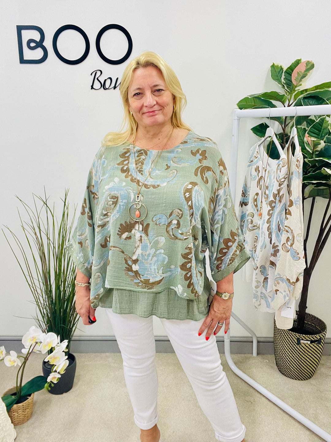 LADIES PAISLEY PRINT LINEN LOOSE FIT TOP - WHITE, BEIGE & KHAKI