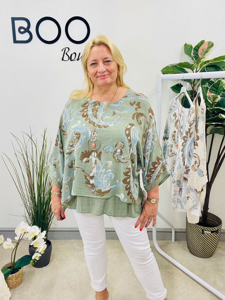 LADIES PAISLEY PRINT LINEN LOOSE FIT TOP - WHITE, BEIGE & KHAKI