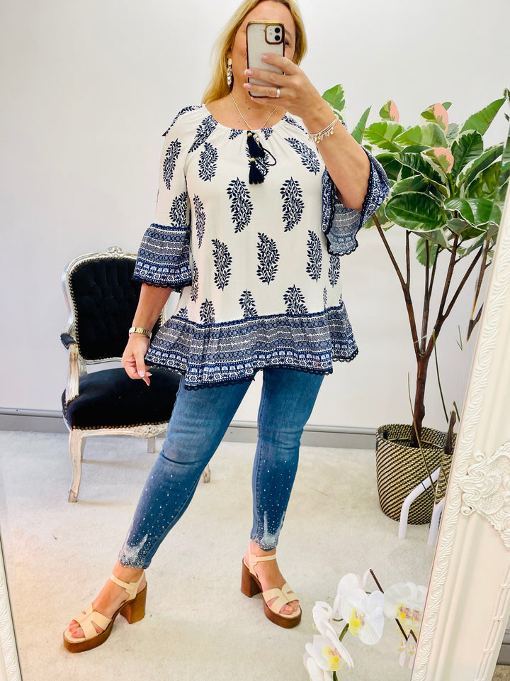 LADIES WOMENS NAVY & WHITE PAISLEY PRINT SMOCK SUMMER HOLIDAY TOP BLOUSE