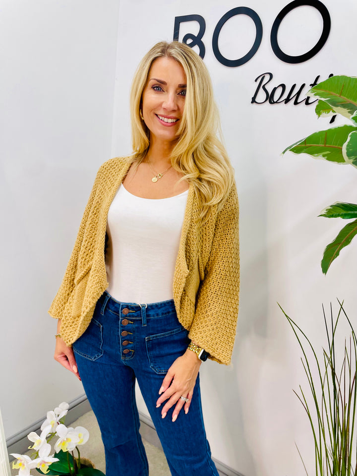 LADIES KNITTED BOLERO CARDIGAN - CREAM, PINK, NAVY, BLACK, OATMEAL, CAMEL, GREY