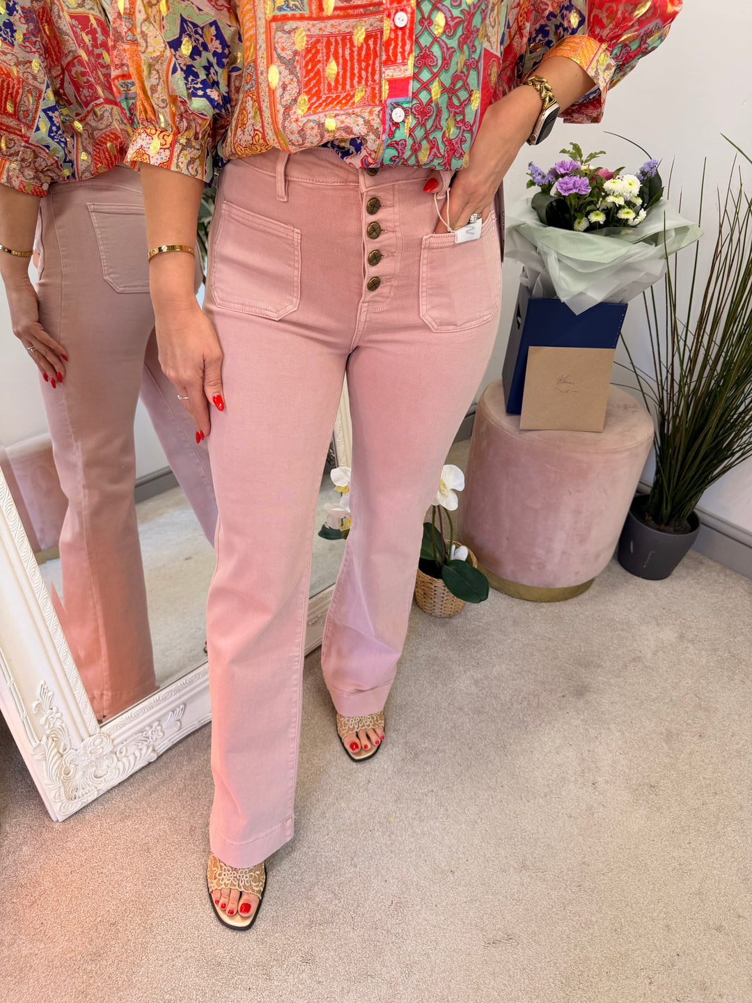 Ladies Fashion Pink Wide Leg Button Fly Jeans