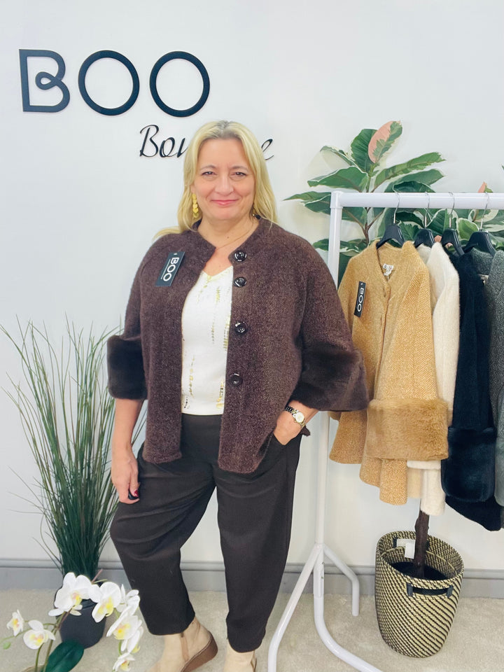 LADIES BOLERO FAUX FUR CARDIGAN JACKET - BLACK, CREAM, CAMEL, KHAKI & BROWN