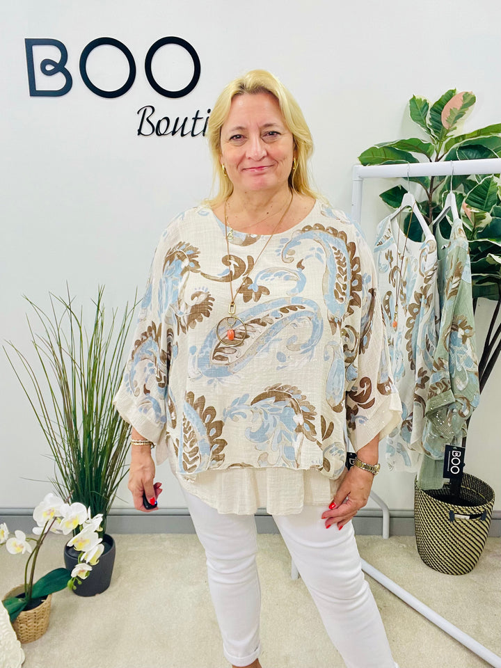 LADIES PAISLEY PRINT LINEN LOOSE FIT TOP - WHITE, BEIGE & KHAKI