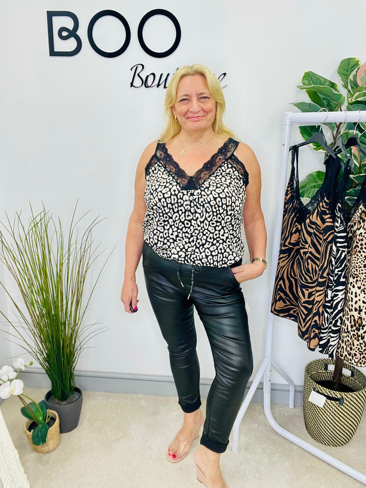 LADIES ANIMAL PRINT SATIN LACE EDGE CAMI VEST TOP - ZEBRA & LEOPARD PRINT