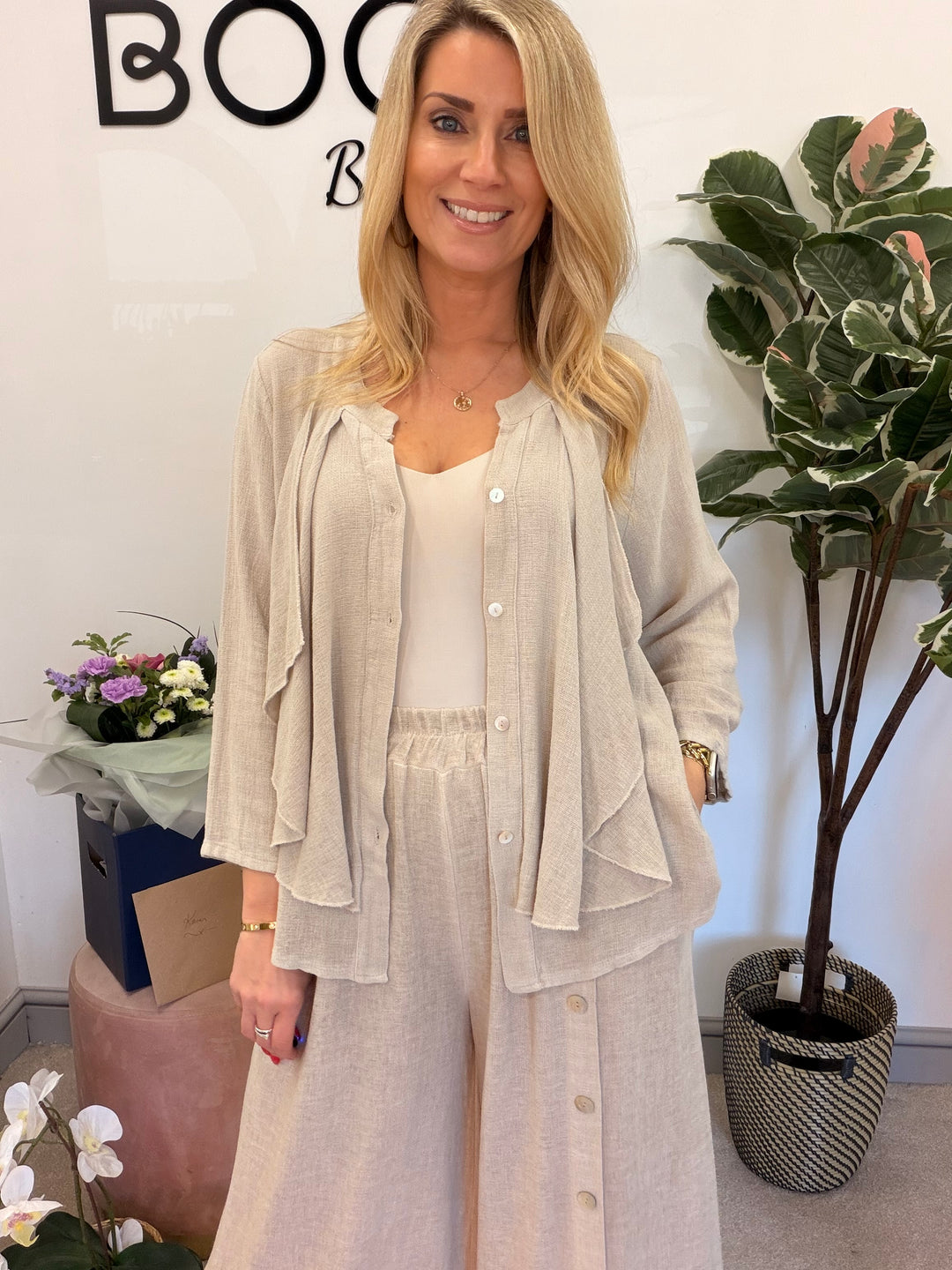 Ladies Fashion Waterfall Teabag Linen Top - lime, blue, turquoise, white, beige