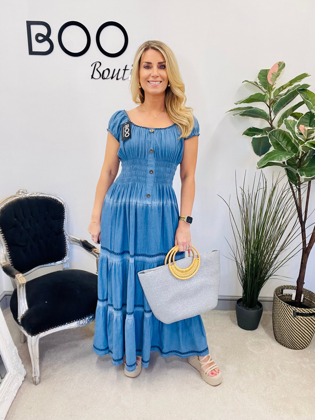 LADIES WOMENS CHAMBRAY DENIM FLATTERING SUMMER MAXI DRESS