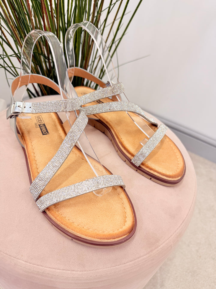 Ladies Diamante Small Wedge Heel Sandals - gold and silver