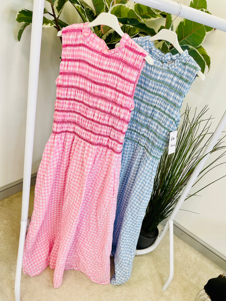LADIES SUMMER GINGHAM PRETTY MAXI DRESS - PINK & BLUE