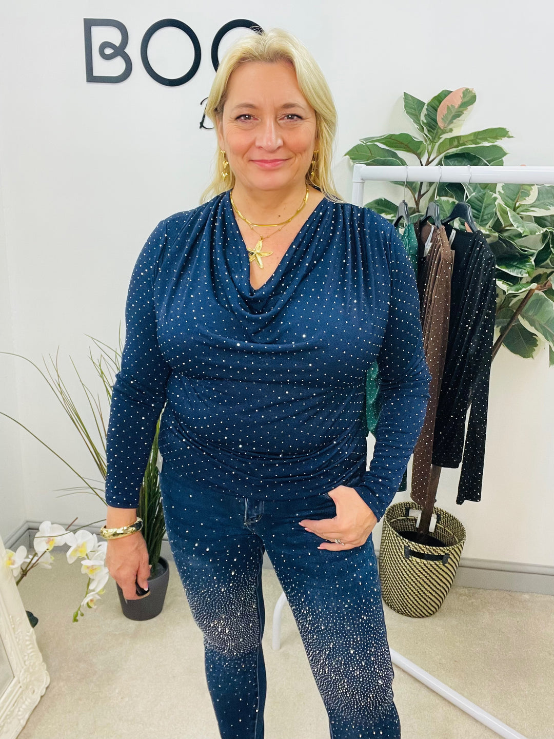 LADIES SPARKLY FESTIVE COWL NECK TOP - GREEN, NAVY, BLACK, BROWN