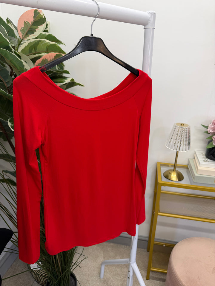 Ladies Fashion Boat Neck Fitted Long Sleeve Top - Red, Black, White & Brown