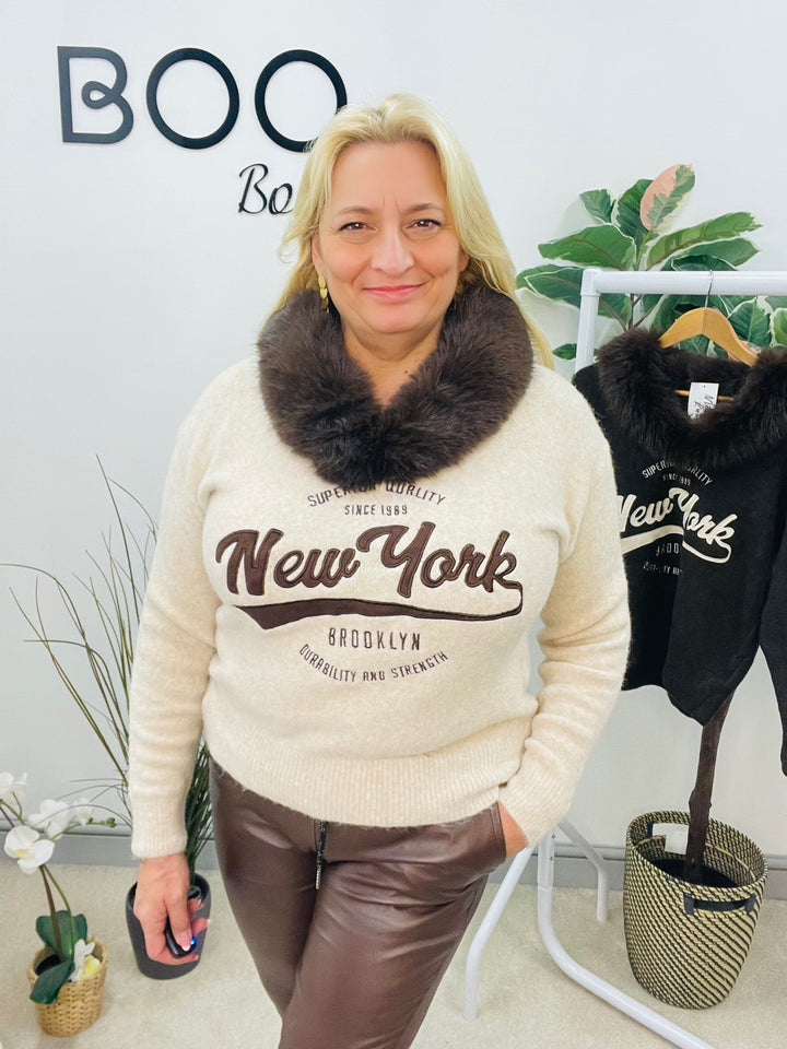 LADIES KNITTED FAUX FUR COLLAR JUMPER - BEIGE & CHOCOLATE BROWN