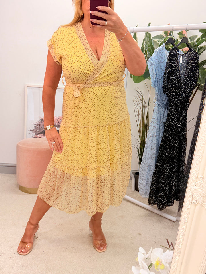 Ladies Fashion Chiffon Polka Dot Wrap Dress - Lemon, Black & Blue