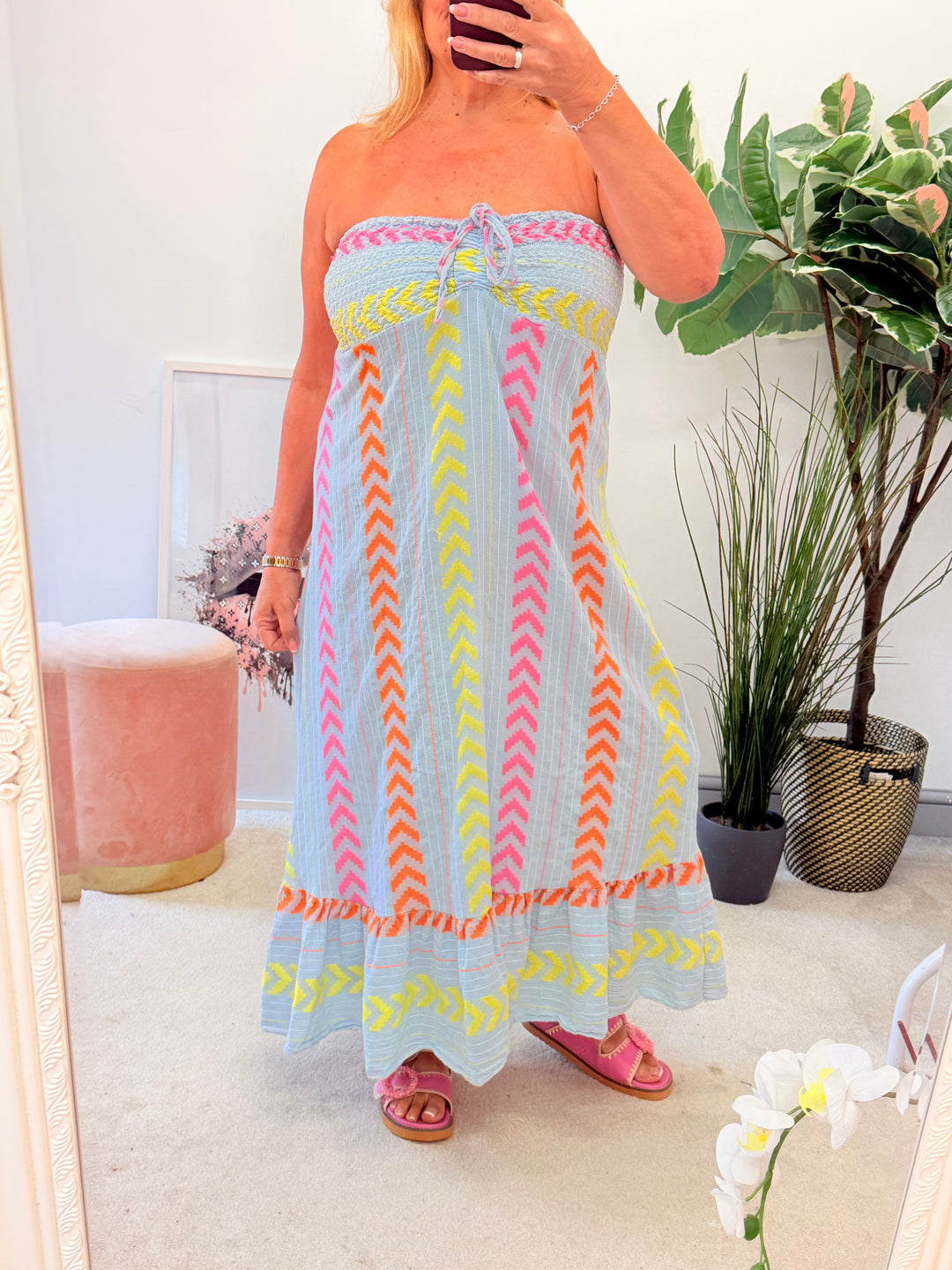 Ladies Fashion Linen Aztec Print Summer Maxi Dress - Blue, Lemon, Pink