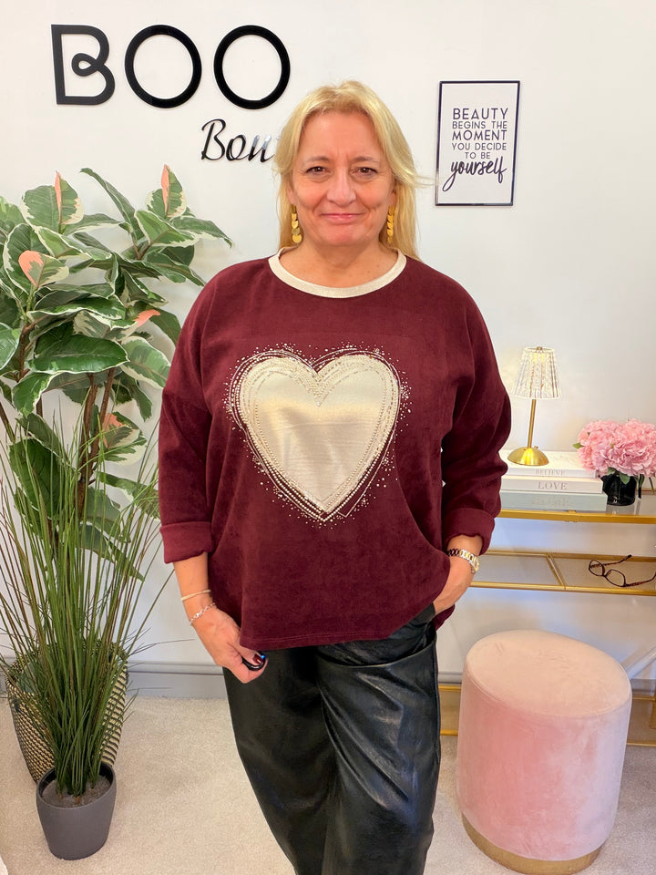 Women’s cord oversize heart motif top burgundy wine