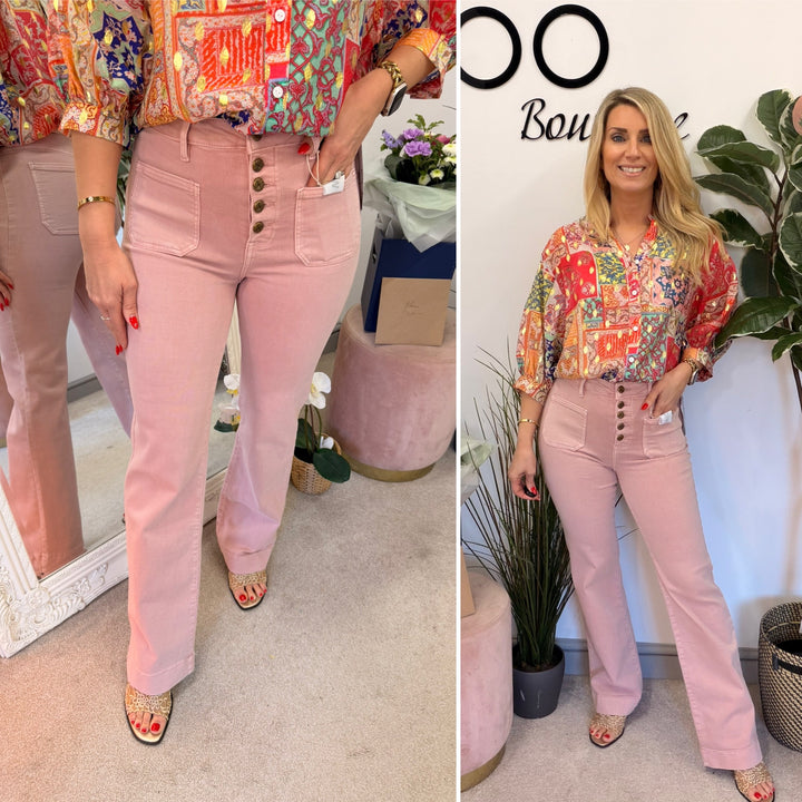 Ladies Fashion Pink Wide Leg Button Fly Jeans