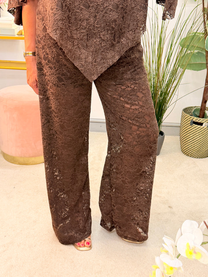 Ladies Fashion Lacy Wide Leg Trouser Co Ord Set - Black, Plum & Brown