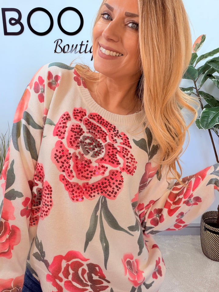 LADIES CREAM & PINK SEQUIN ROSE JUMPER