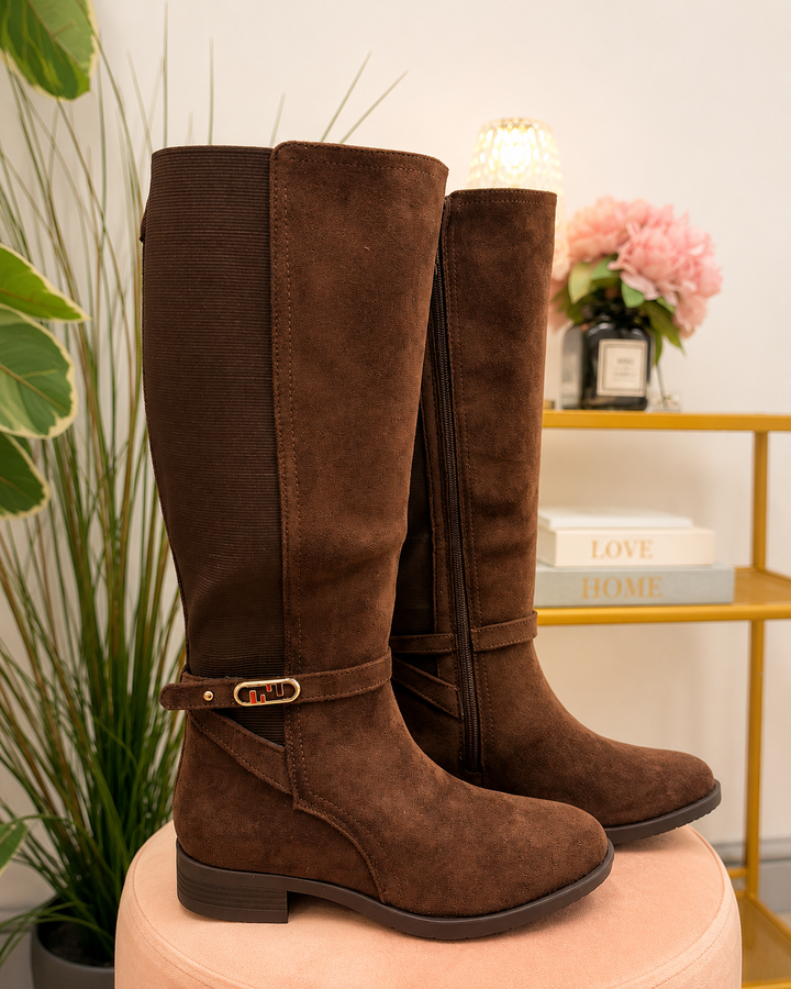 Ladies Fashion Flat Stretch Riding Boots - Black & Brown
