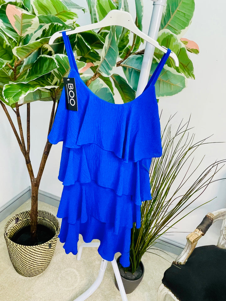 LADIES FRILL SUMMER STRAPPY SUN DRESS - NAVY, WHITE, ROYAL BLUE & BROWN