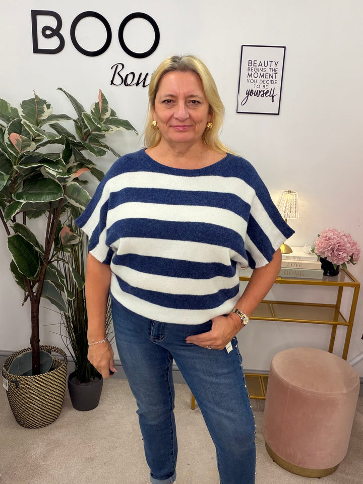 Ladies Fashion Wide Stripe Short Sleeve Jumper - Khaki, Blue & Brown