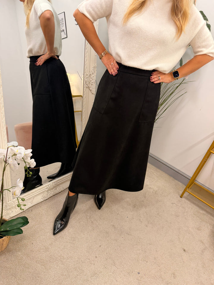 Womens fashion faux suede A line maxi skirt - black, camel & brown