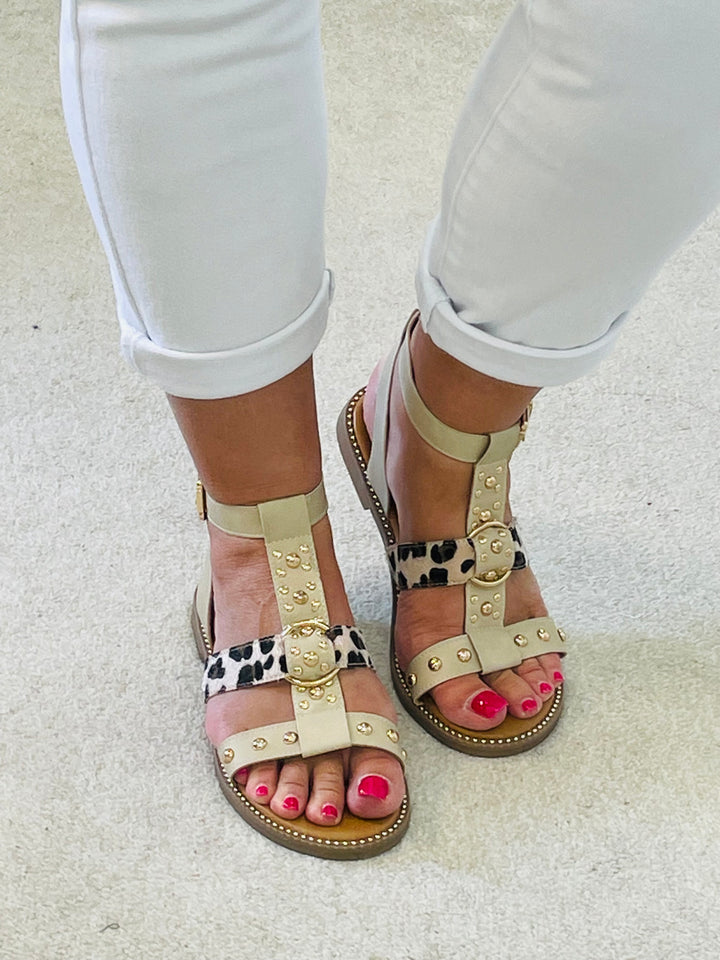 LADIES BEIGE FLAT SUMMER GLADIATOR SANDALS 