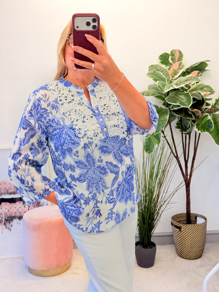 Ladies Fashion Blue & White Crochet Detail Summer Top