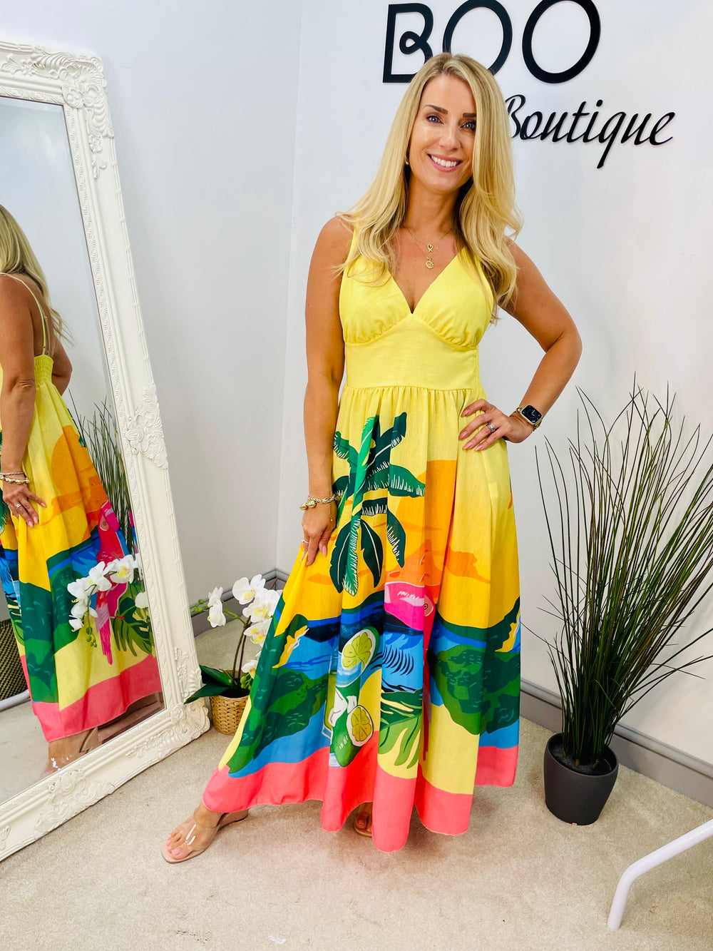 LADIES TROPICAL PRINT SUMMER MAXI DRESS - WHITE, CORAL, YELLOW