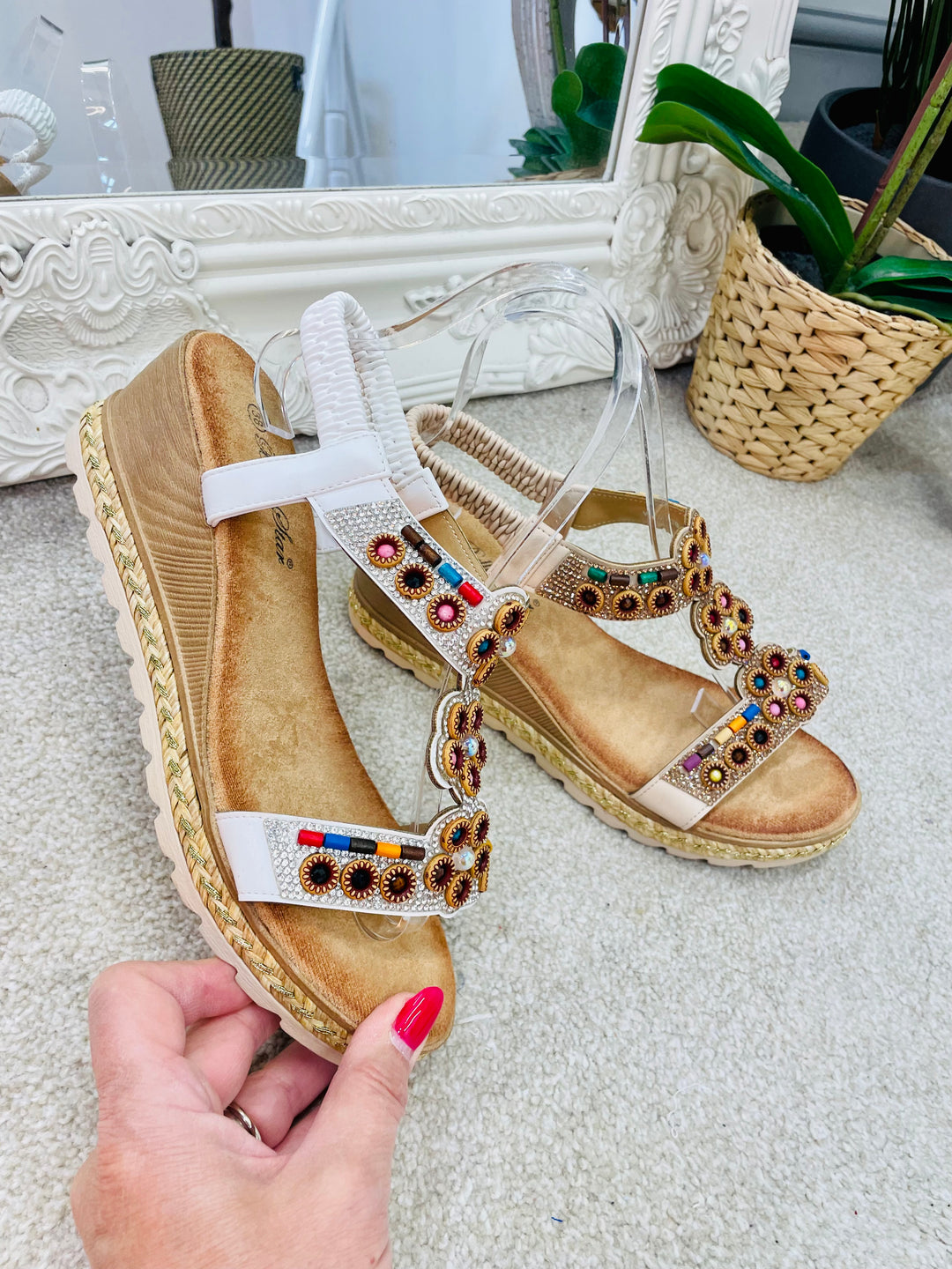 LADIES WOMENS BEIGE BEADED LOW WEDGE HEEL SANDALS sizes 3 to 8