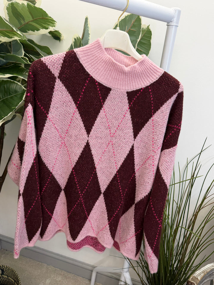 LADIES FASHION ARGYLE KNIT JUMPER - BERRY, PINK, GREY, PURPLE