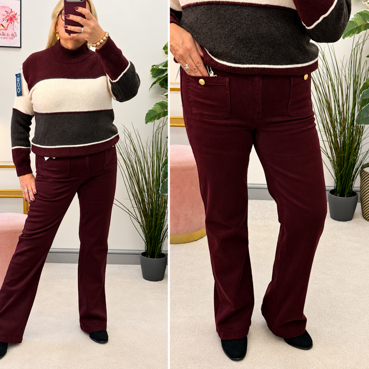 Women's fashion wine burgundy wide leg jeans - sizes 6 to 14