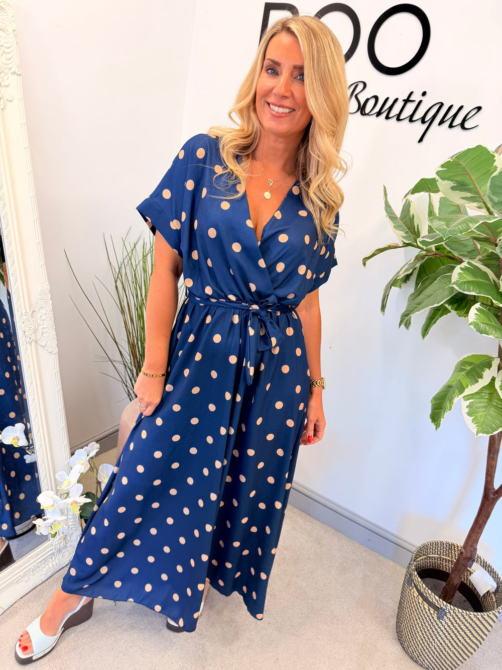 Ladies Polka Dot Wrap Midi Dress - Navy, Cream, Pink, Lemon & Pale Blue