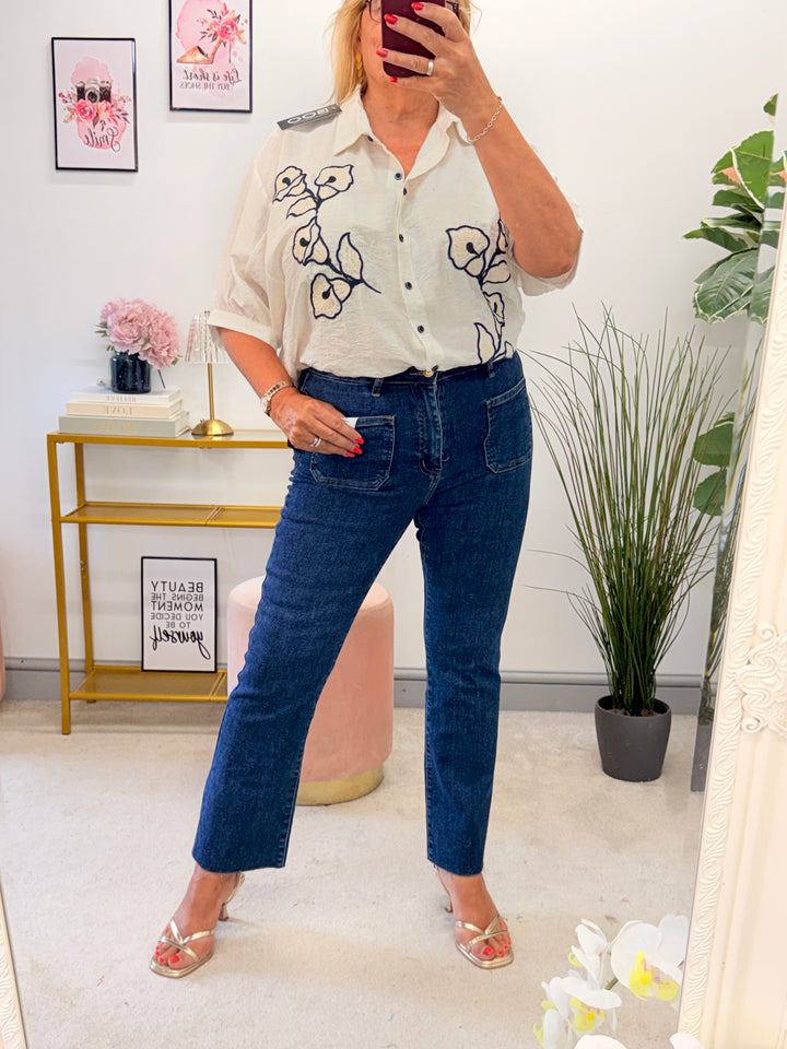 Ladies Dark Indigo Blue Cropped Leg Raw Edge Jeans
