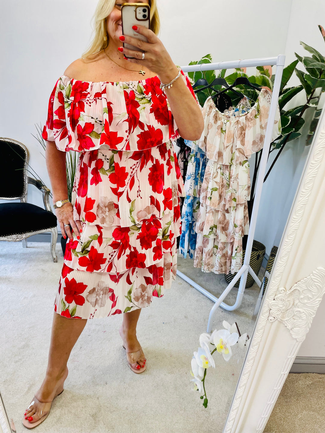 LADIES FLORAL PLEATED SUMMER EVENT MIDI DRESS - RED, BLUE, BEIGE & BLACK