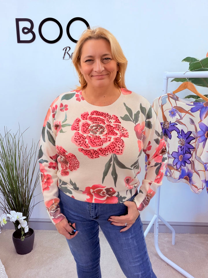 LADIES CREAM & PINK SEQUIN ROSE JUMPER