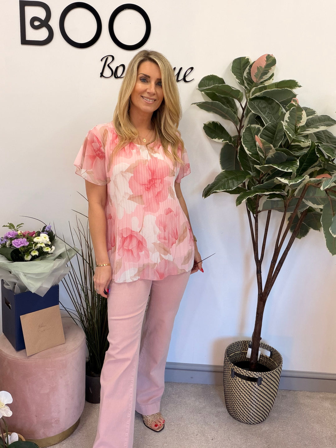 Ladies Fashion Floral Print Pleated Chiffon Blouse Top - pink, white, blue & lemon