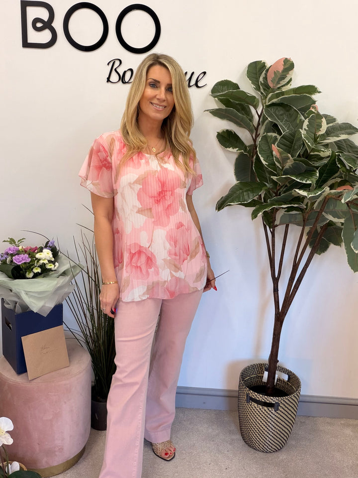 Ladies Fashion Floral Print Pleated Chiffon Blouse Top - pink, white, blue & lemon