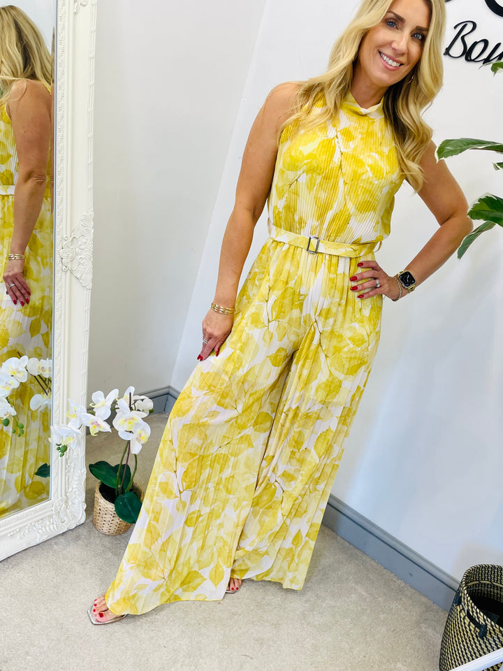 LADIES CHIFFON PLEATED HIGH NECK JUMPSUIT - BLUE, NAVY, PINK, YELLOW