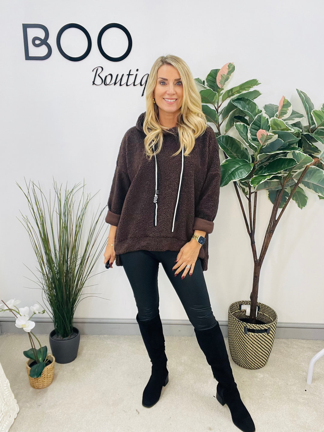LADIES BOUCLE HOODIE TOP - BLACK, WHITE, CAMEL & BROWN