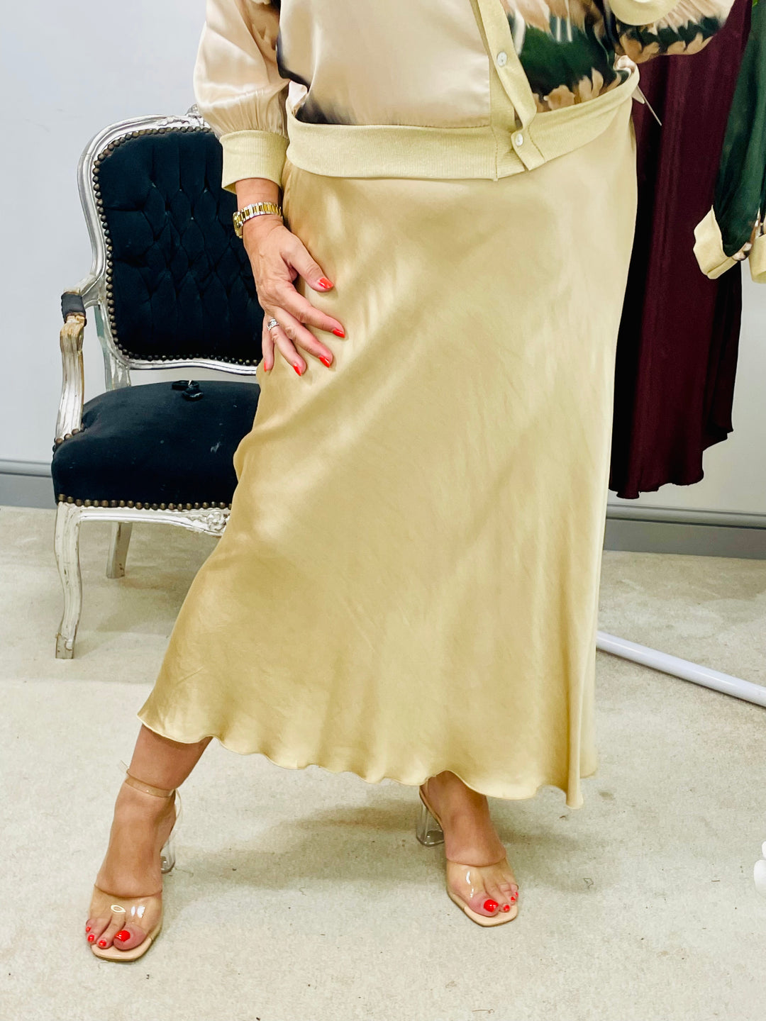 LADIES SATIN MAXI SKIRT - WINE, BLACK, BROWN, RUST, KHAKI, GOLD, NAVY
