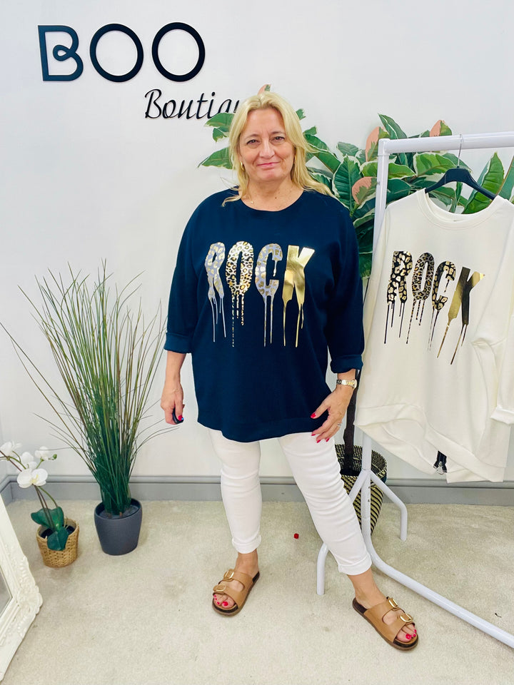 LADIES HOODIE STYLE LOOSE FIT TOP - WHITE & NAVY